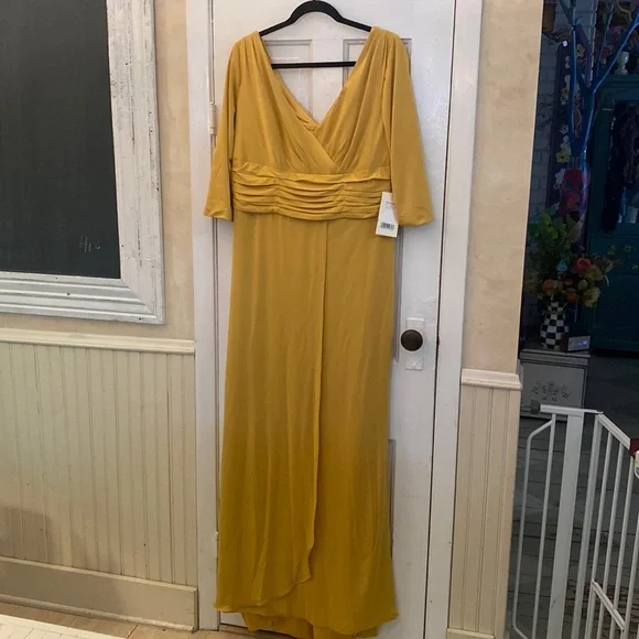 Ts Couture | Dresses | Ts Couture 6w Formal Dress Gown Gold Yellow Knit Nwt  Side Zipper Elbow Sleeves | Poshmark